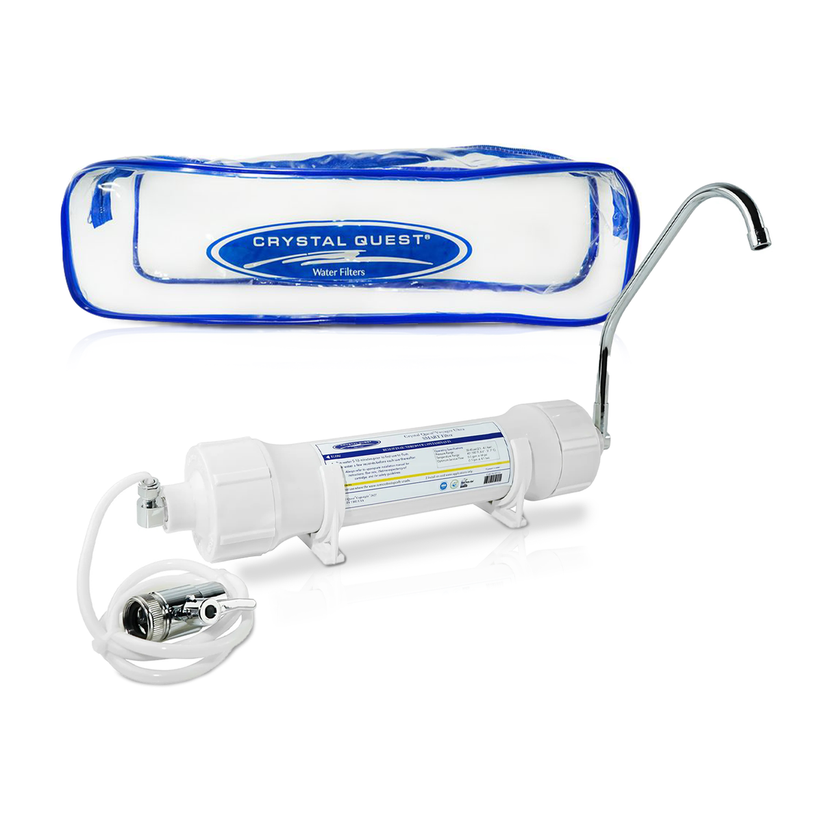 Voyager Countertop Water Filter, longer inline housing with end caps, spout, diverter hose and clear travel bag