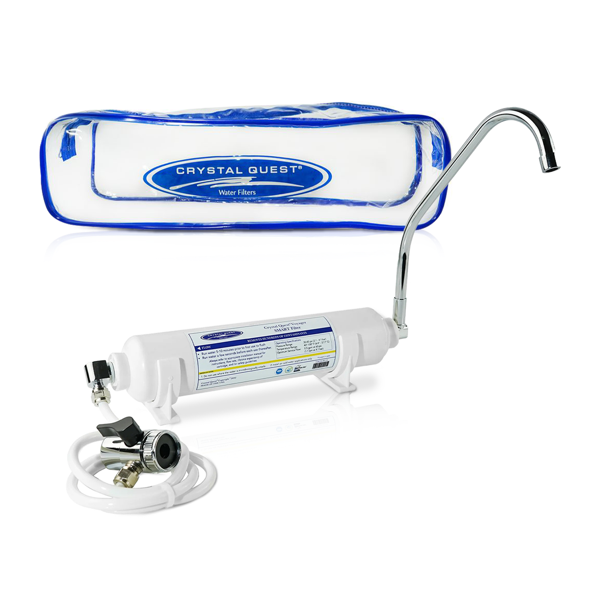 Voyager Countertop Water Filter, inline cartridge with spout, diverter hose and clear Crystal Quest zippered carry bag