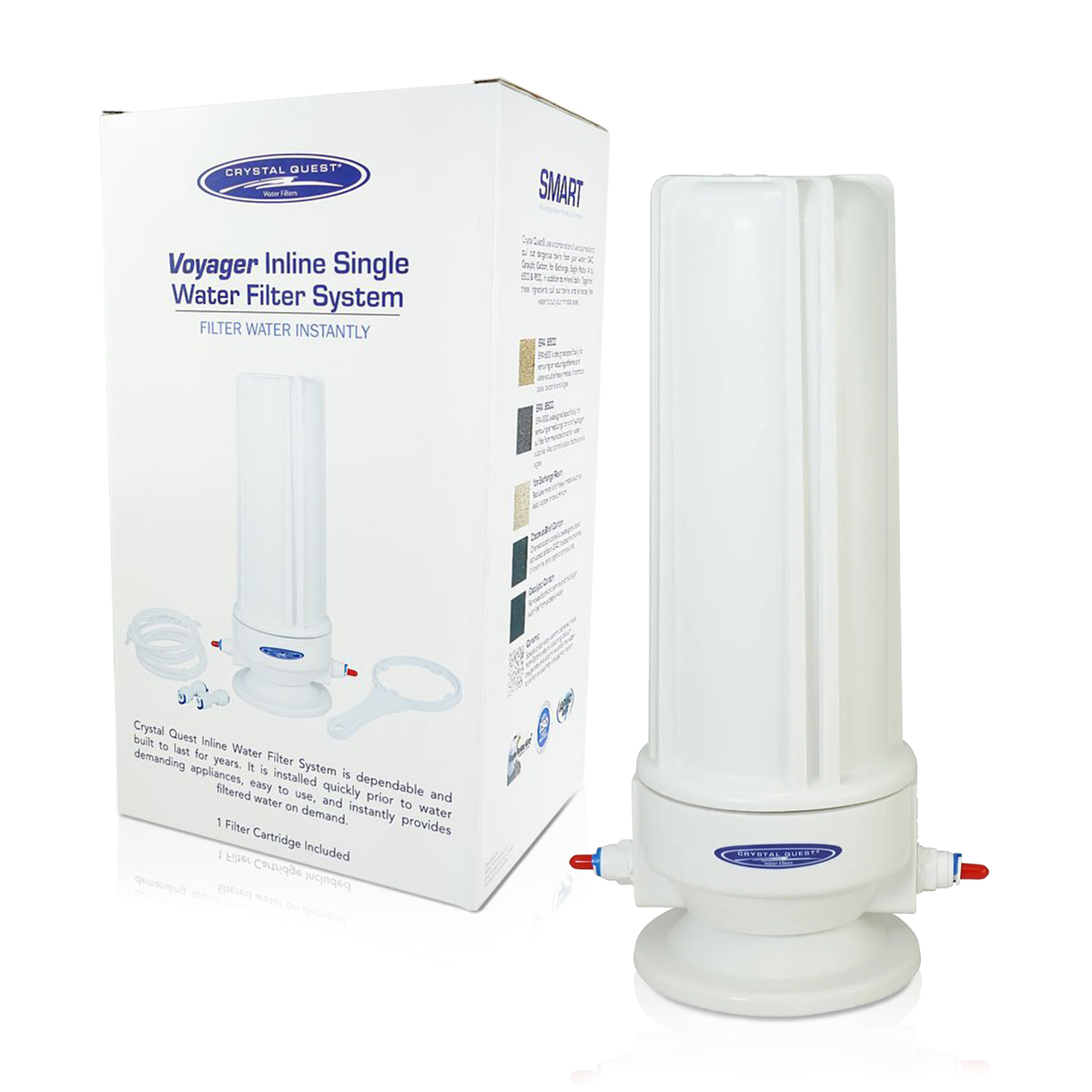 Voyager Single Inline Water Filter System beside its retail box