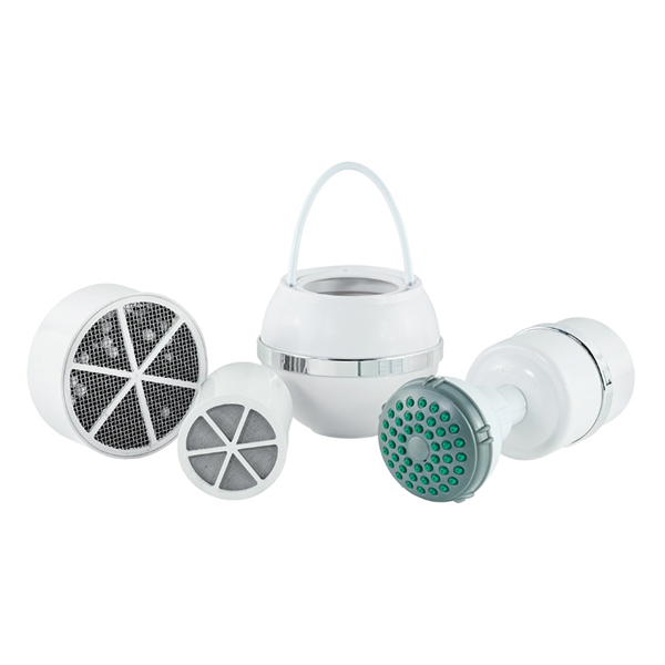 Bathing Essentials Bundle in white: Bath Ball, shower filter with head, and two replacement cartridges