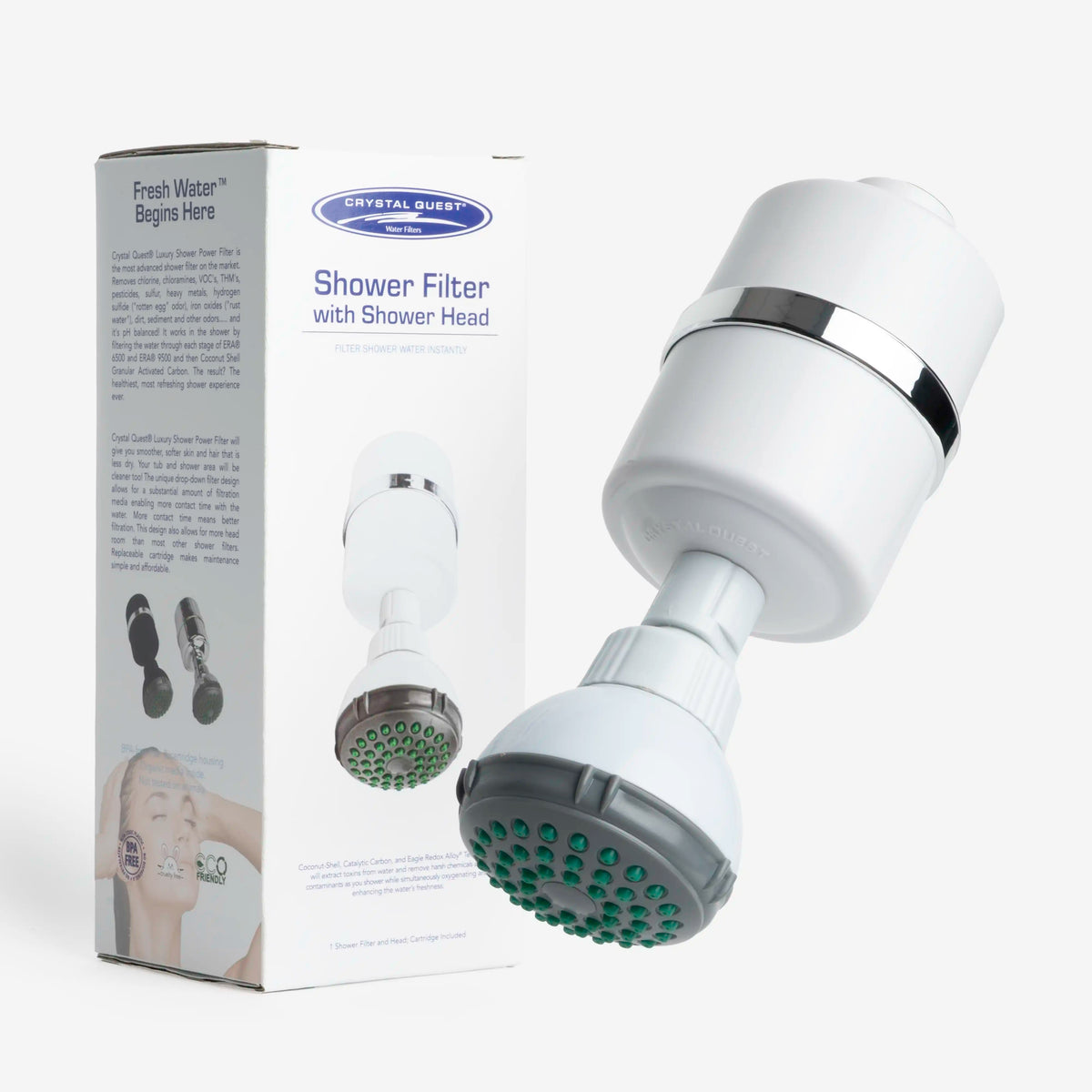 Shower Filter with shower head in white, shown beside its retail box