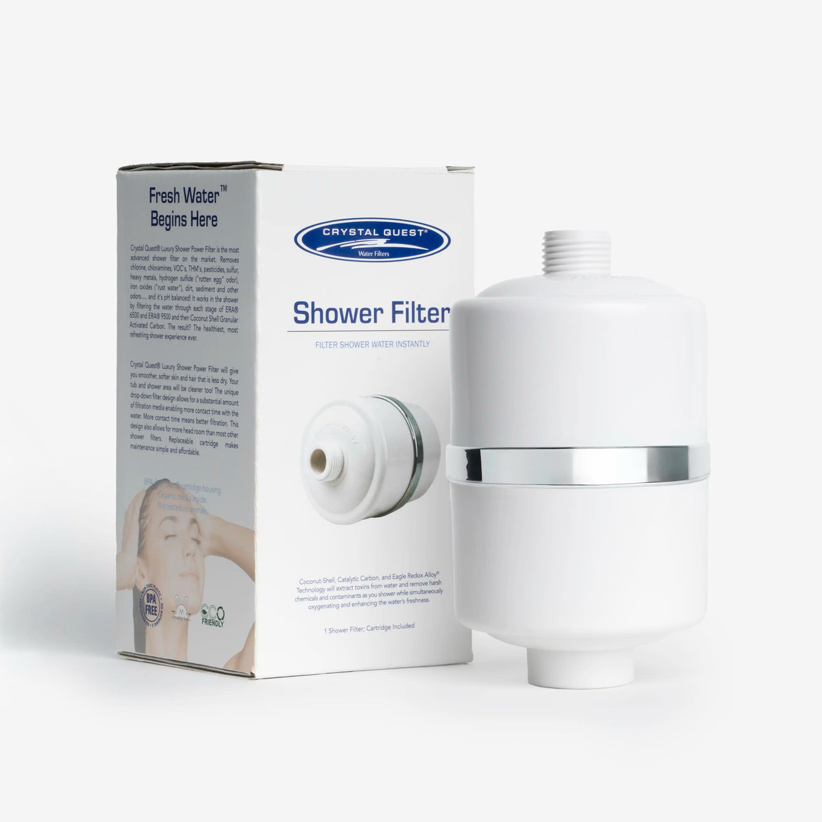 Shower Filter in white beside its retail box, without shower head