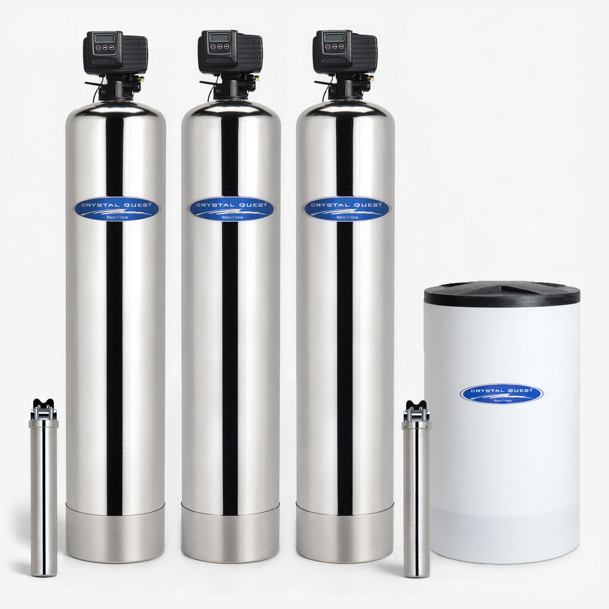 Arsenic Whole House Water Filter, with SMART filter and softener in stainless, three stainless tanks, white brine tank, two slim housings