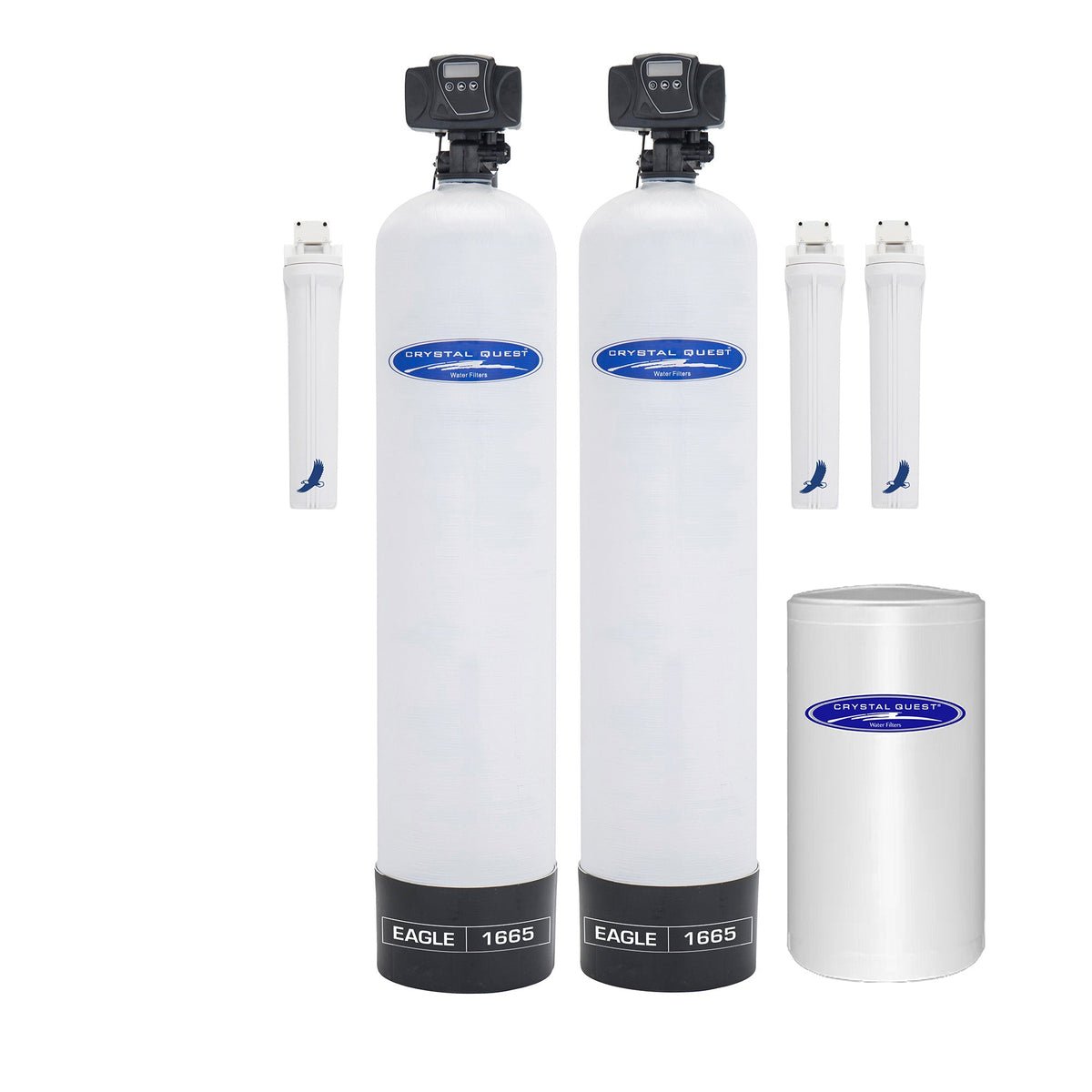 Eagle Whole House Water Filter with softener, two white Eagle 1665 tanks, brine tank and three filter housings