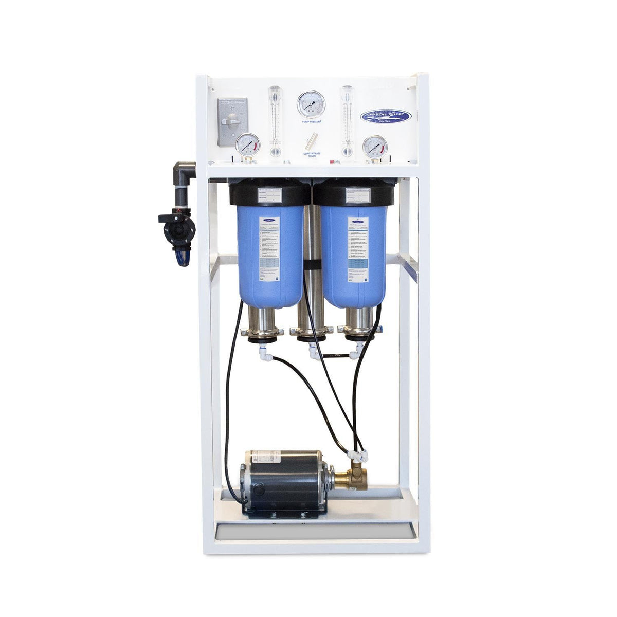 Commercial Mid-Flow Reverse Osmosis System, 1,000 GPD frame with blue prefilters, gauges and pump, front view