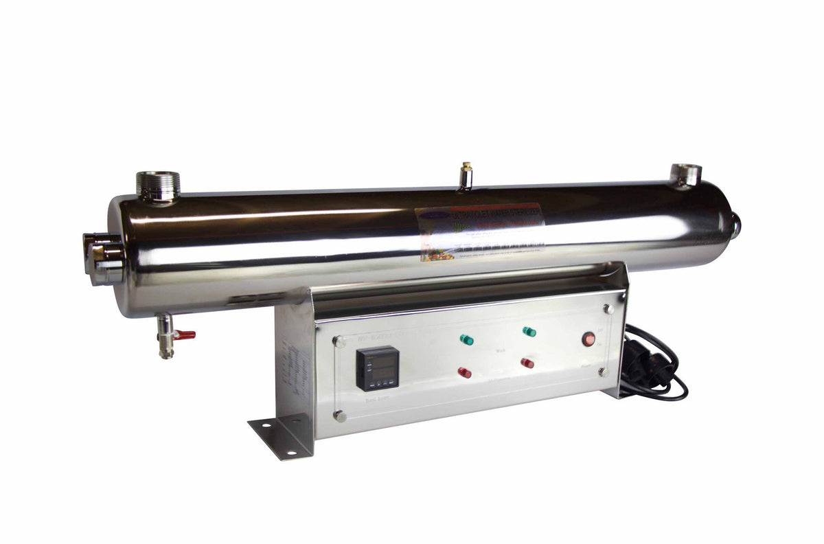 24 GPM Ultraviolet Water Sterilizer, large stainless steel chamber on a stand with digital control panel