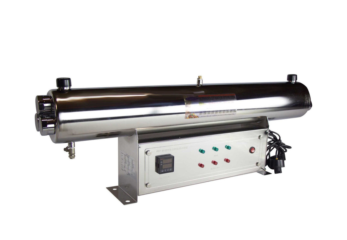 36 GPM Ultraviolet Water Sterilizer, stainless steel chamber with two lamp ports on a stand with control panel