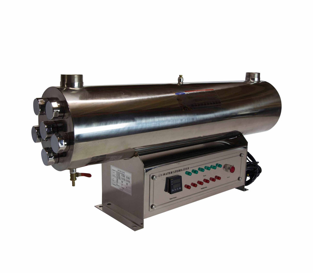 72 GPM Ultraviolet Water Sterilizer, multi-lamp stainless steel chamber on a stand with digital control panel