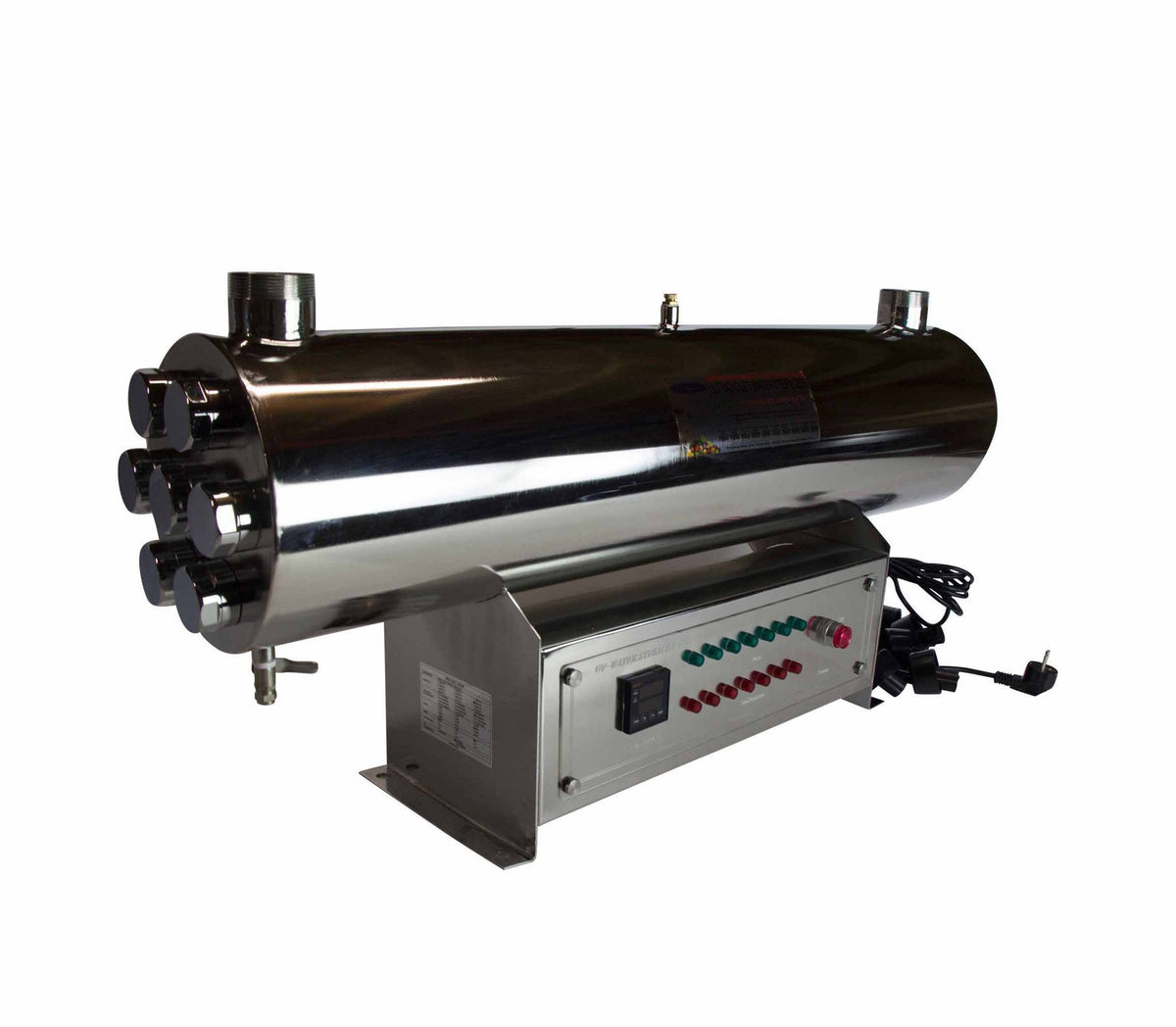 84 GPM Ultraviolet Water Sterilizer, multi-lamp stainless steel chamber on a stand with control panel and power cord