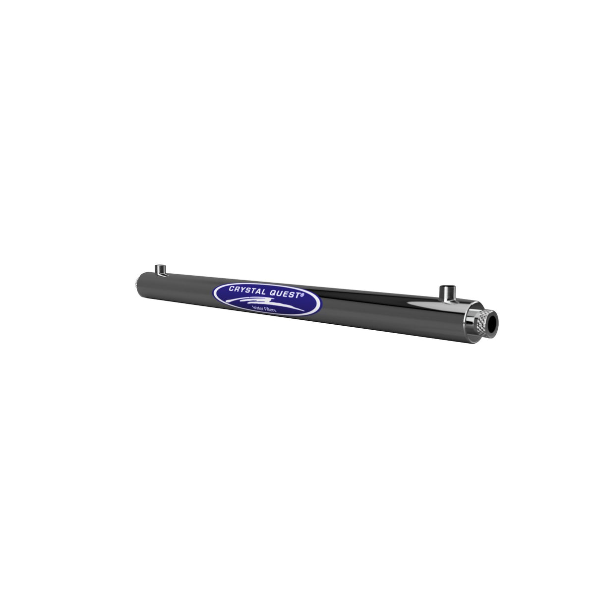 12 GPM Ultraviolet Water Sterilizer, stainless steel chamber with Crystal Quest label and inlet and outlet ports