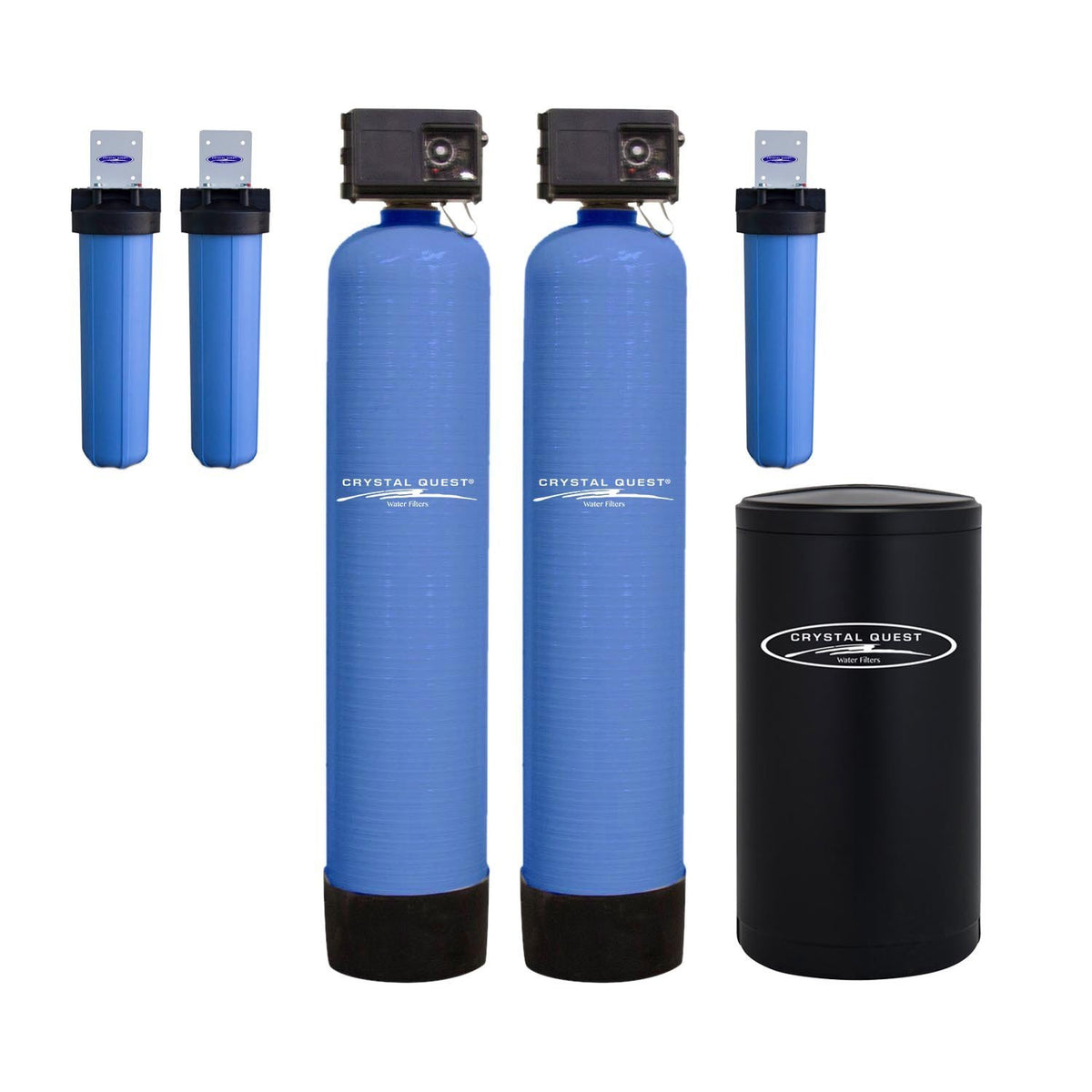 High Flow Whole House Water Filter with softener: two blue tanks, black brine tank and three prefilter housings