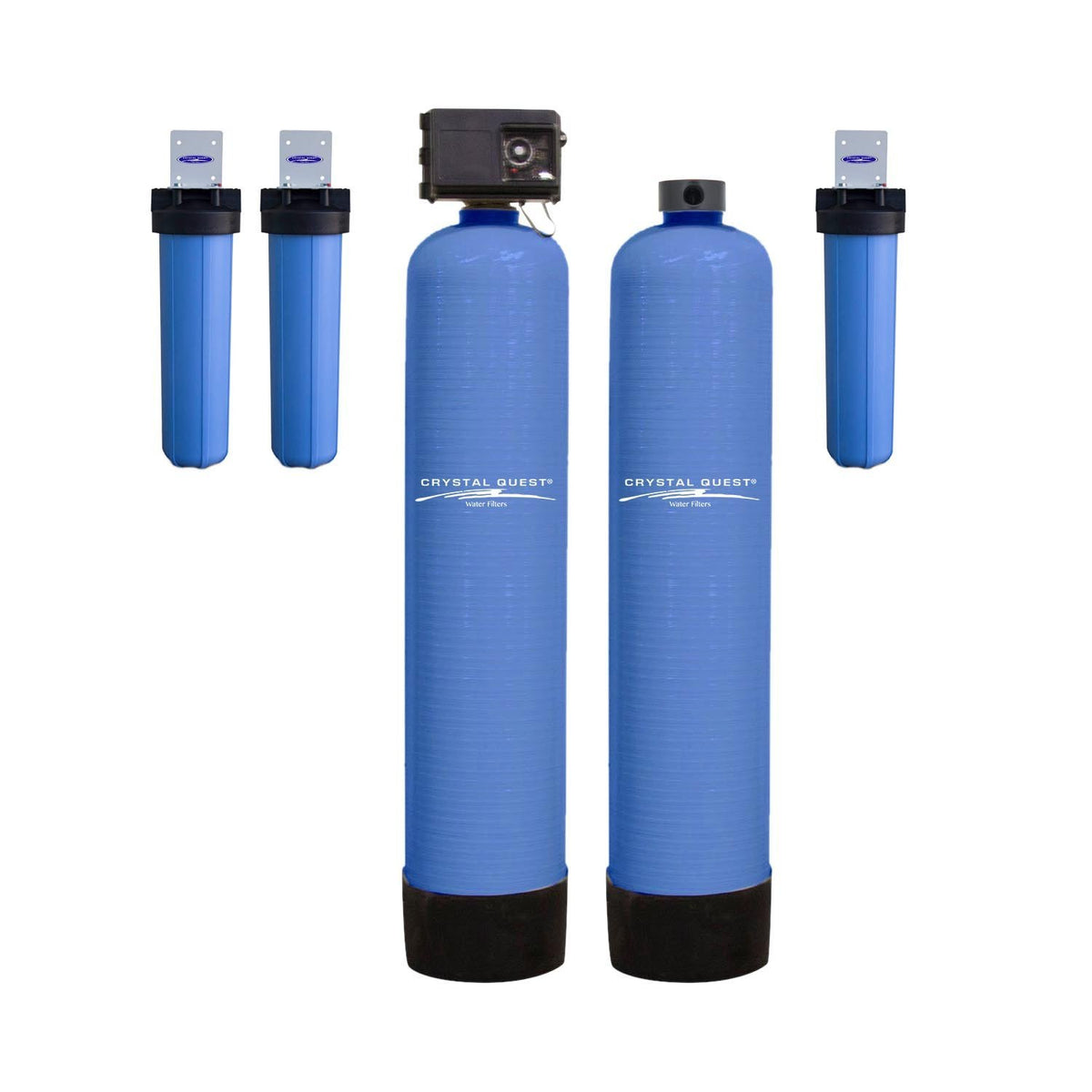 High Flow Whole House Water Filter, 15 GPM Eagle anti-scale setup with two blue tanks and three filter housings