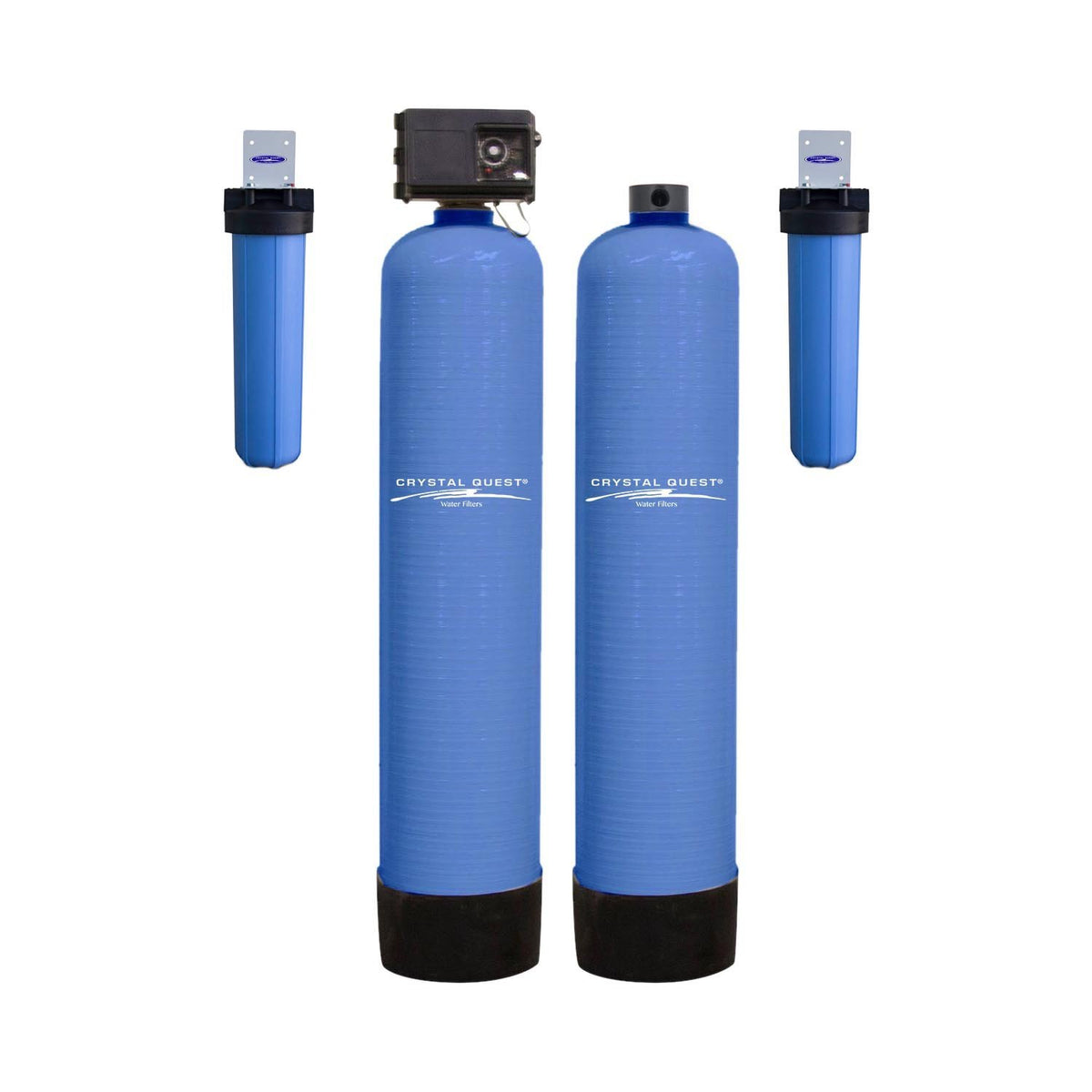 High Flow Whole House Water Filter, two blue tanks, one with control head, and two blue prefilter housings