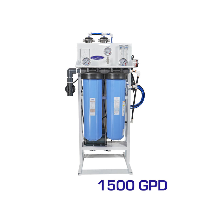 Whole House Reverse Osmosis System, white steel frame with two blue filter housings, pressure gauges and flow meters, 1500 GPD callout