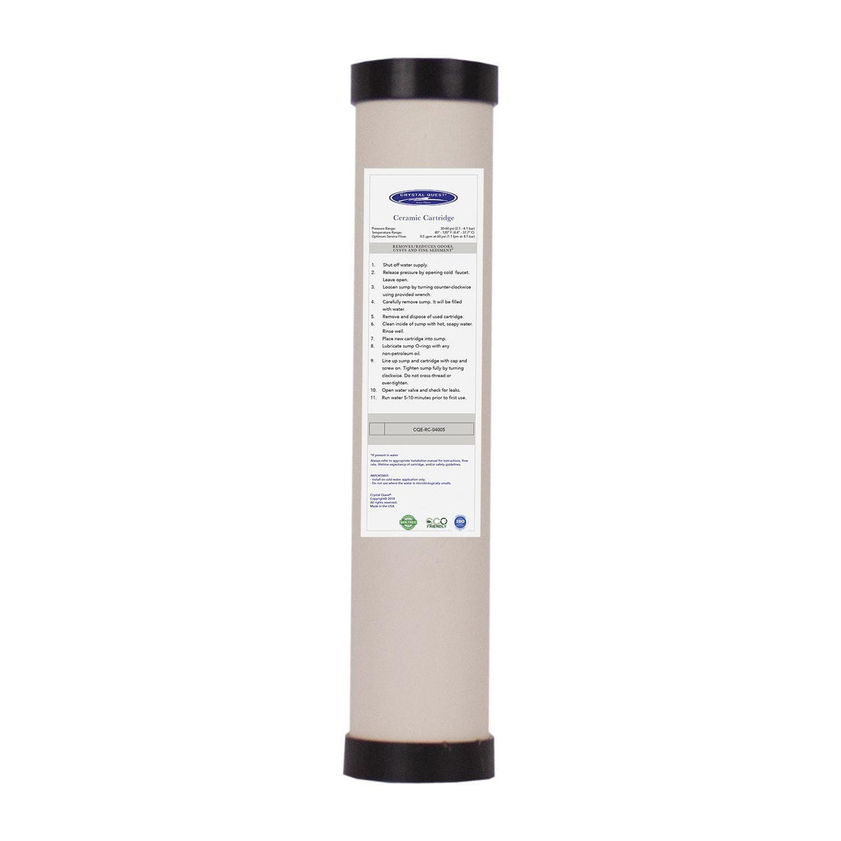 Ceramic Water Filter Cartridge, off-white ceramic body with black end caps and Crystal Quest label, front view
