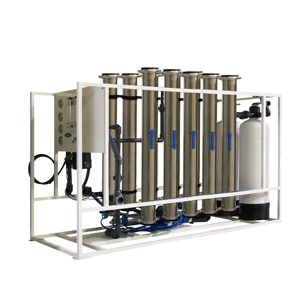 High-Flow Reverse Osmosis System, 20,000 GPD skid with seven stainless membrane housings and fiberglass pretreatment tanks
