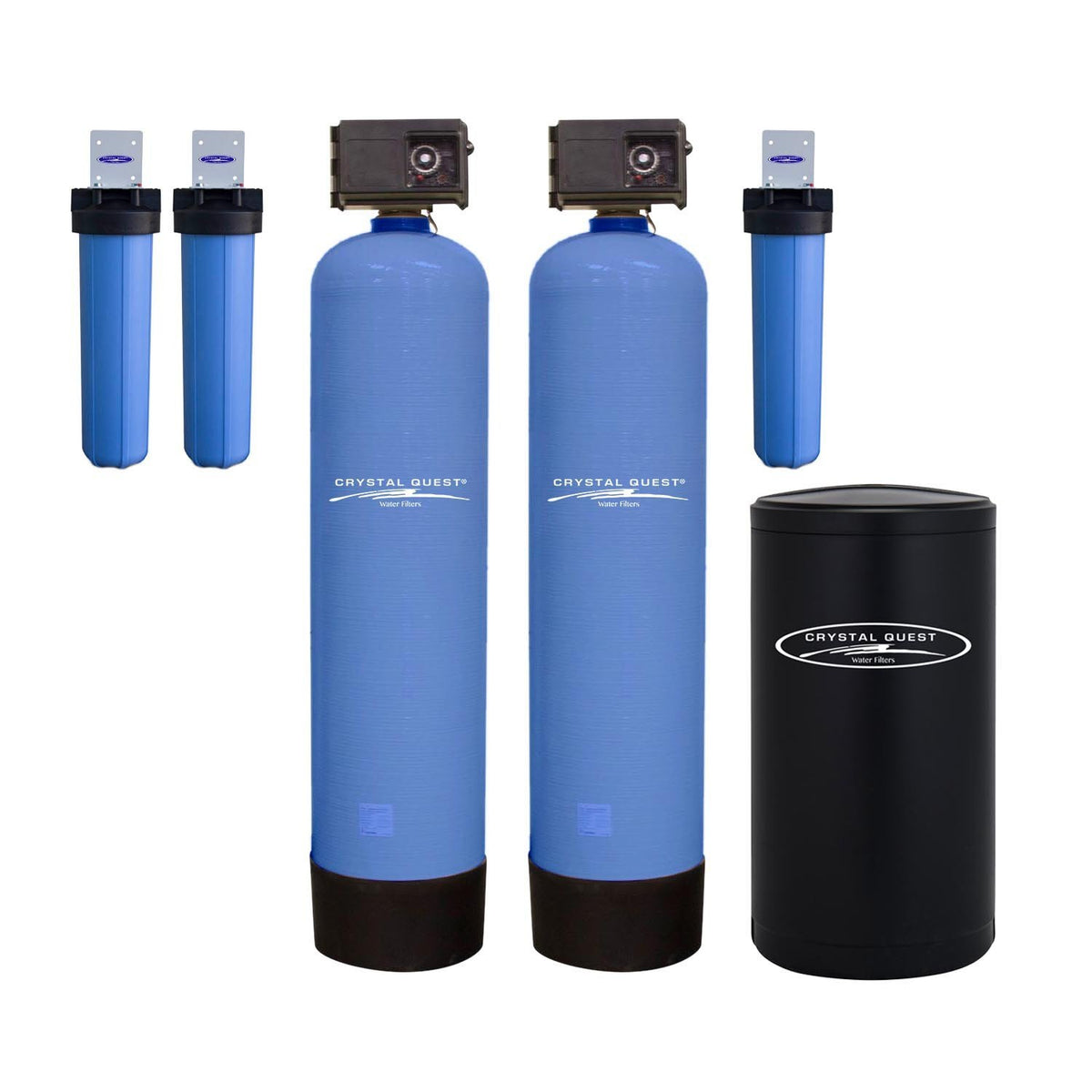 High Flow Whole House Water Filter, Eagle 20 GPM with added softener: two blue tanks, brine tank and three prefilters
