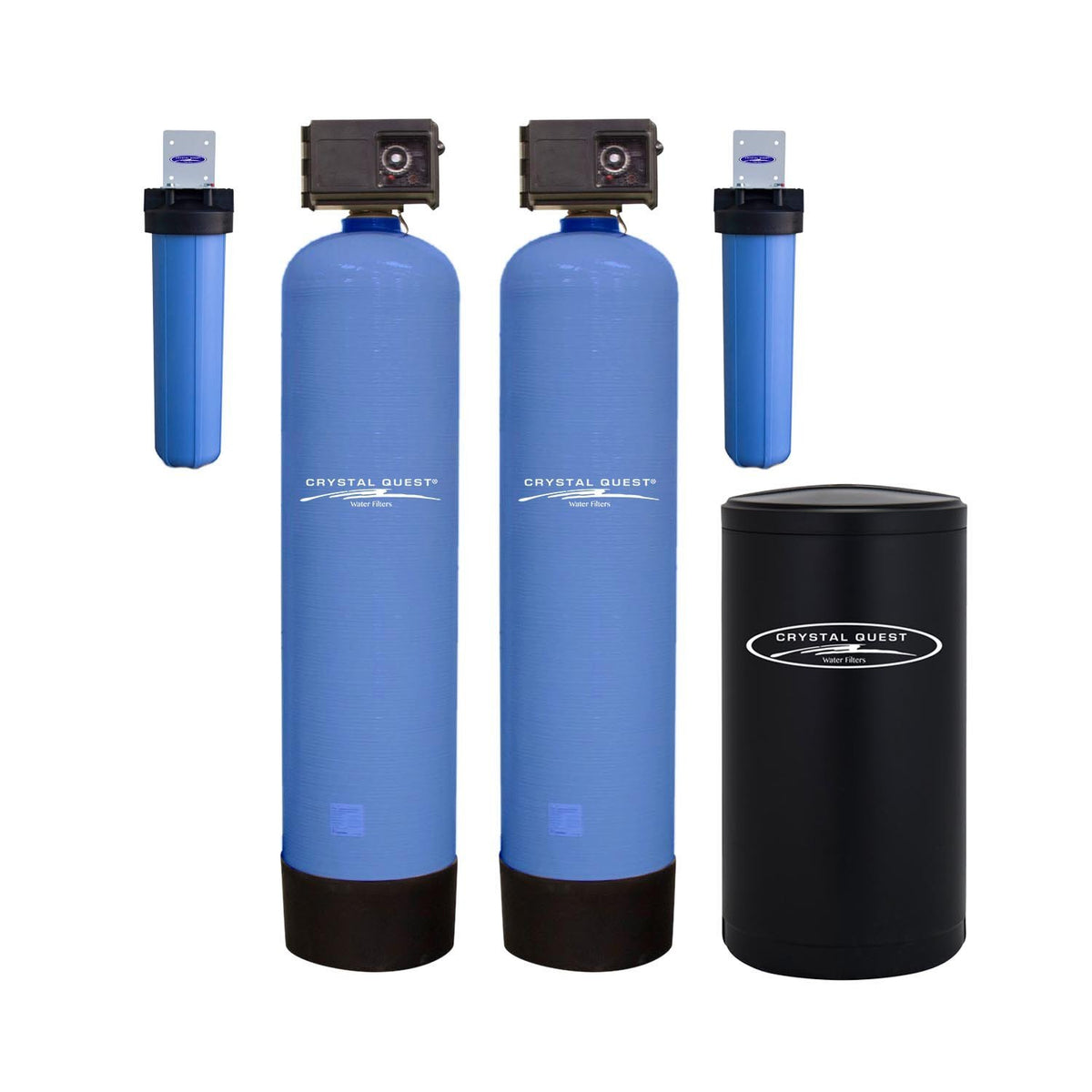 High Flow Whole House Water Filter with softener: two taller blue tanks, black brine tank and two prefilter housings