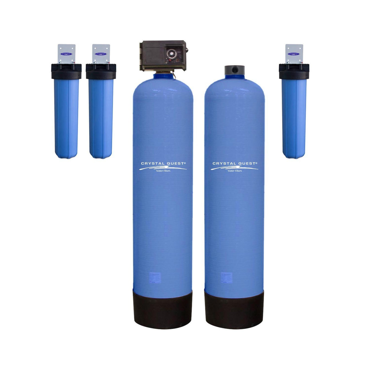 High Flow Whole House Water Filter, 20 GPM Eagle anti-scale setup with two blue tanks and three filter housings