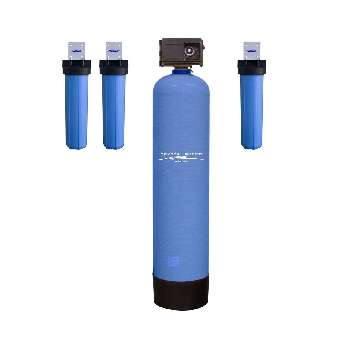 High Flow Whole House Water Filter, taller blue media tank with control head and three blue prefilter housings