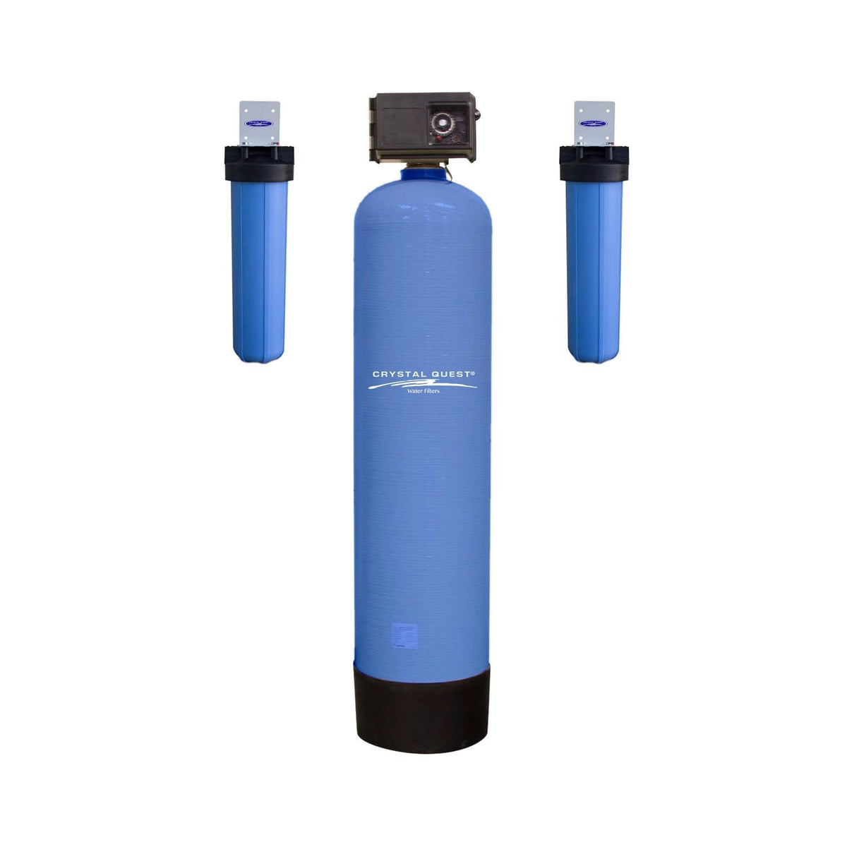High Flow Whole House Water Filter, 20 GPM standalone, blue media tank with control head and two prefilter housings