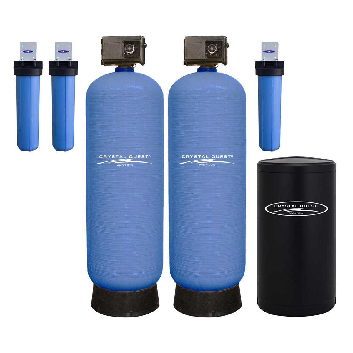 High Flow Whole House Water Filter with softener: two wide blue tanks, black brine tank and three prefilter housings
