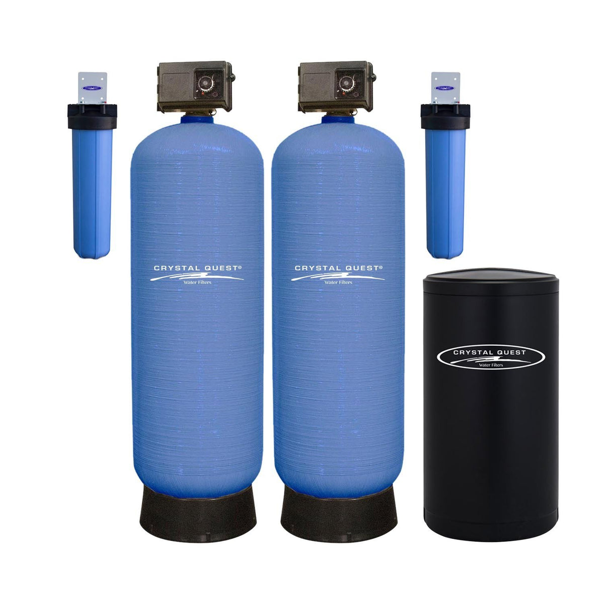 High Flow Whole House Water Filter, 35 GPM with added water softener: two wide blue tanks, brine tank, two prefilters