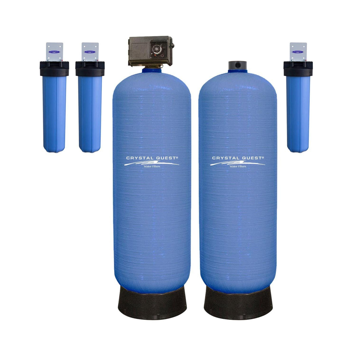 High Flow Whole House Water Filter, 35 GPM Eagle anti-scale setup with two large blue tanks and three filter housings