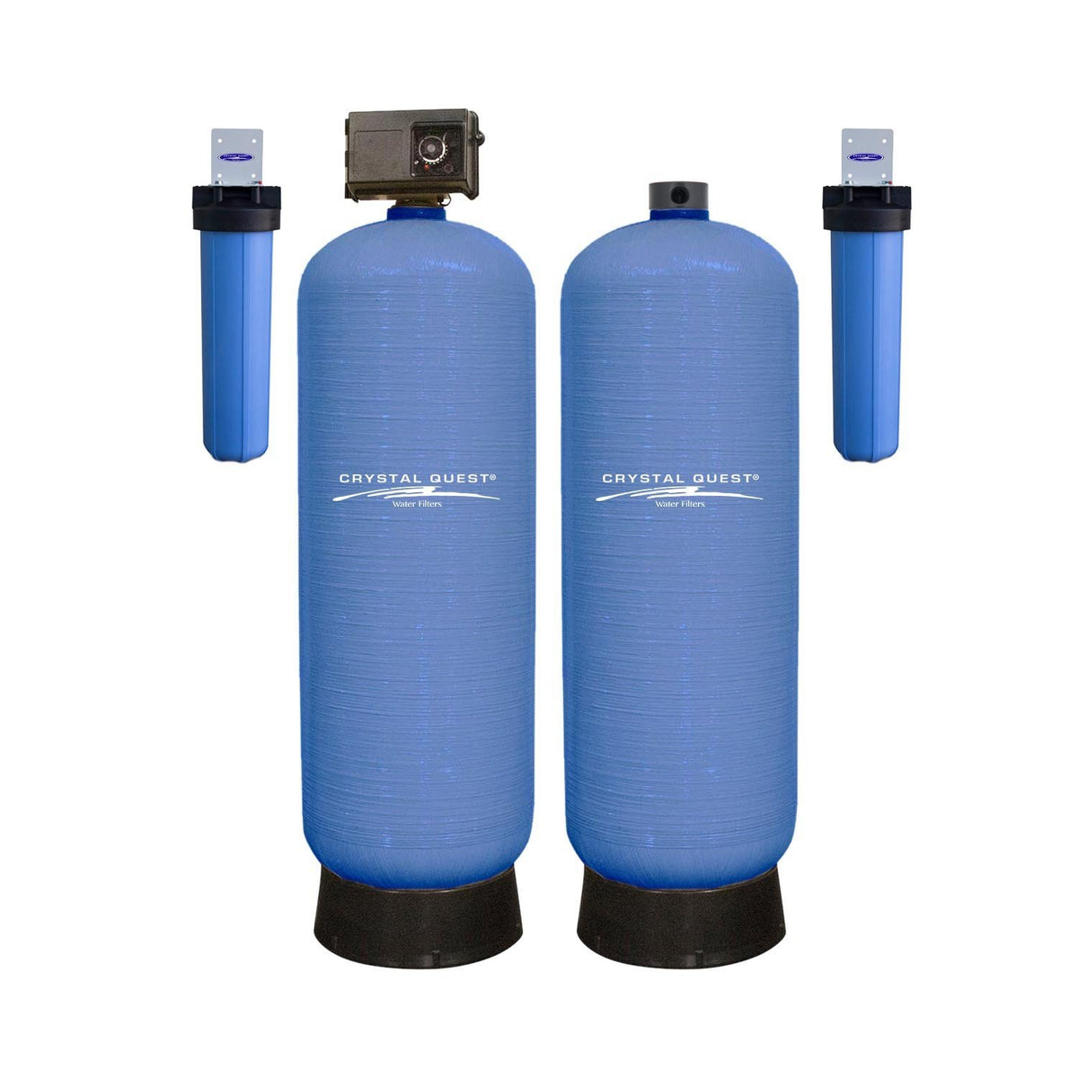 High Flow Whole House Water Filter, 35 GPM SMART anti-scale setup with two large blue tanks and two filter housings