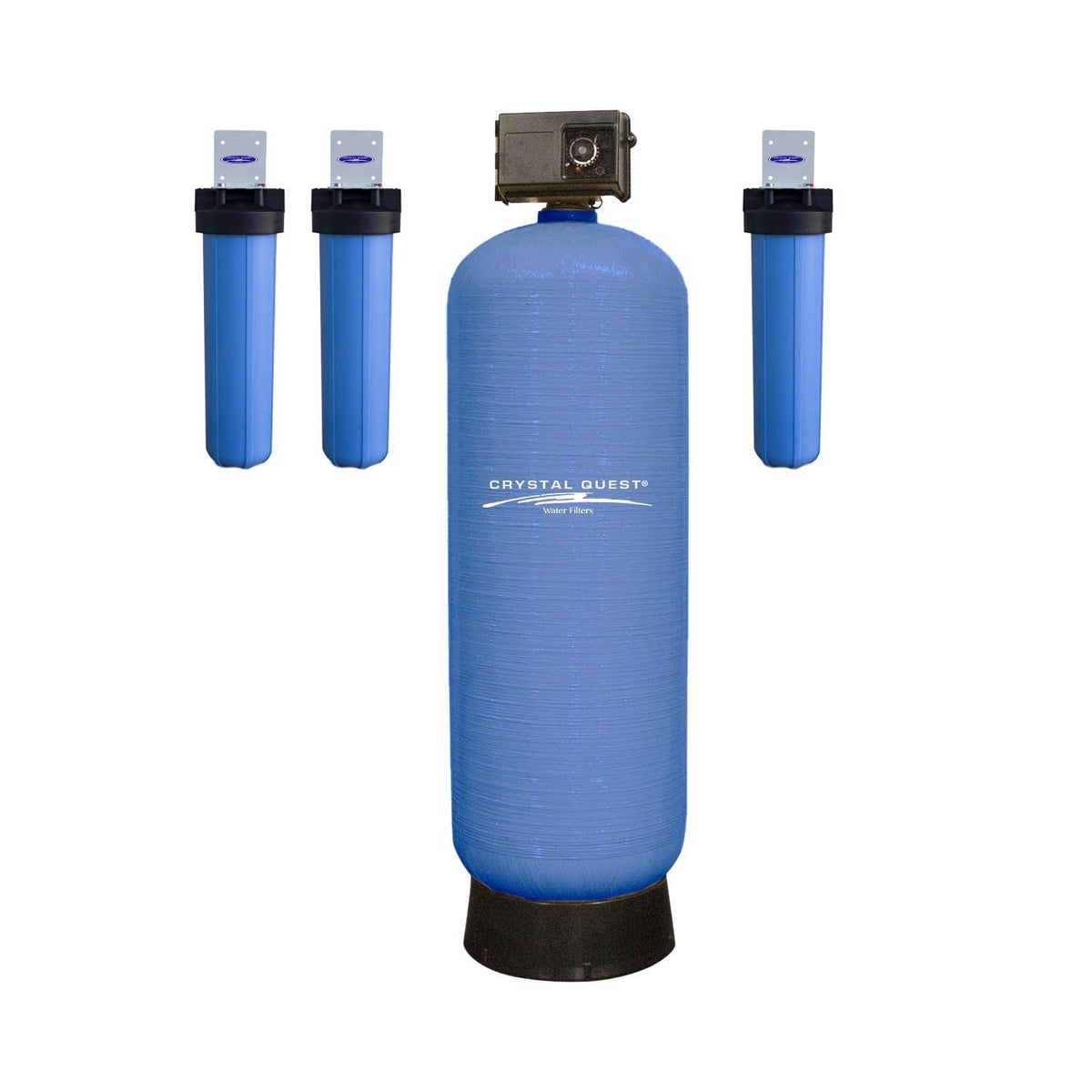 High Flow Whole House Water Filter, wide blue media tank with control head and three blue prefilter housings