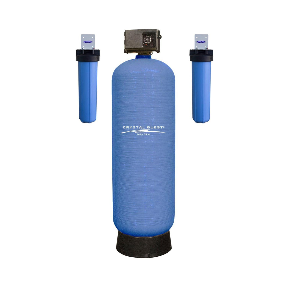 High Flow Whole House Water Filter, wide blue media tank with control head between two blue prefilter housings