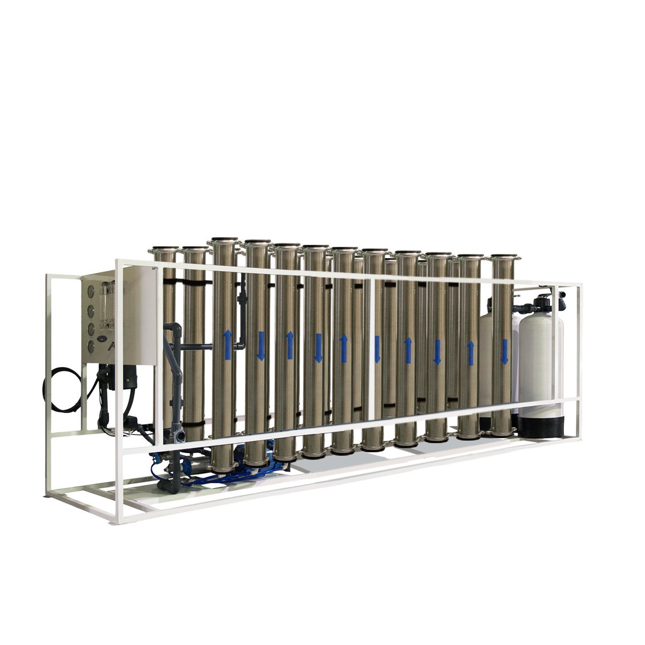 High-Flow Reverse Osmosis System, 50,000 GPD skid, longest frame with twelve stainless membrane housings