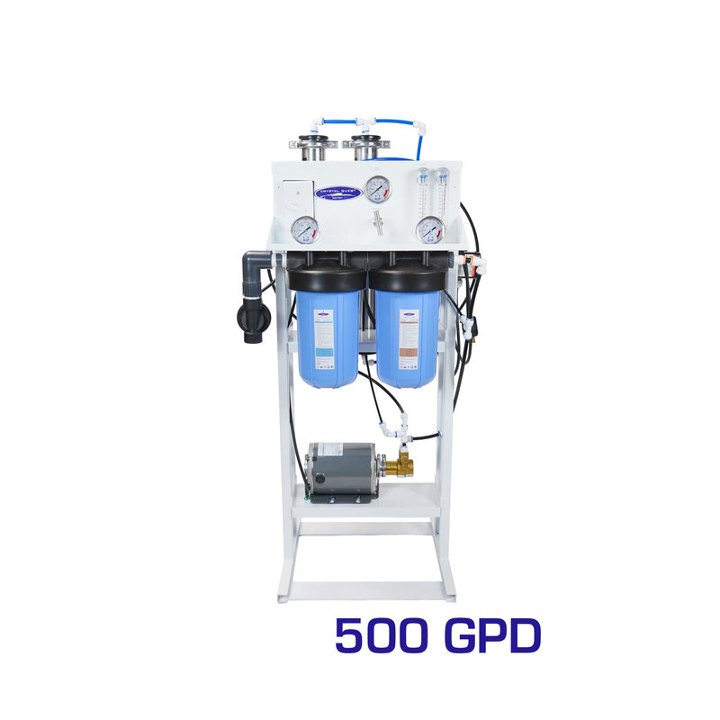 Whole House Reverse Osmosis System, white steel frame with two blue filter housings, gauges and pump below, 500 GPD callout