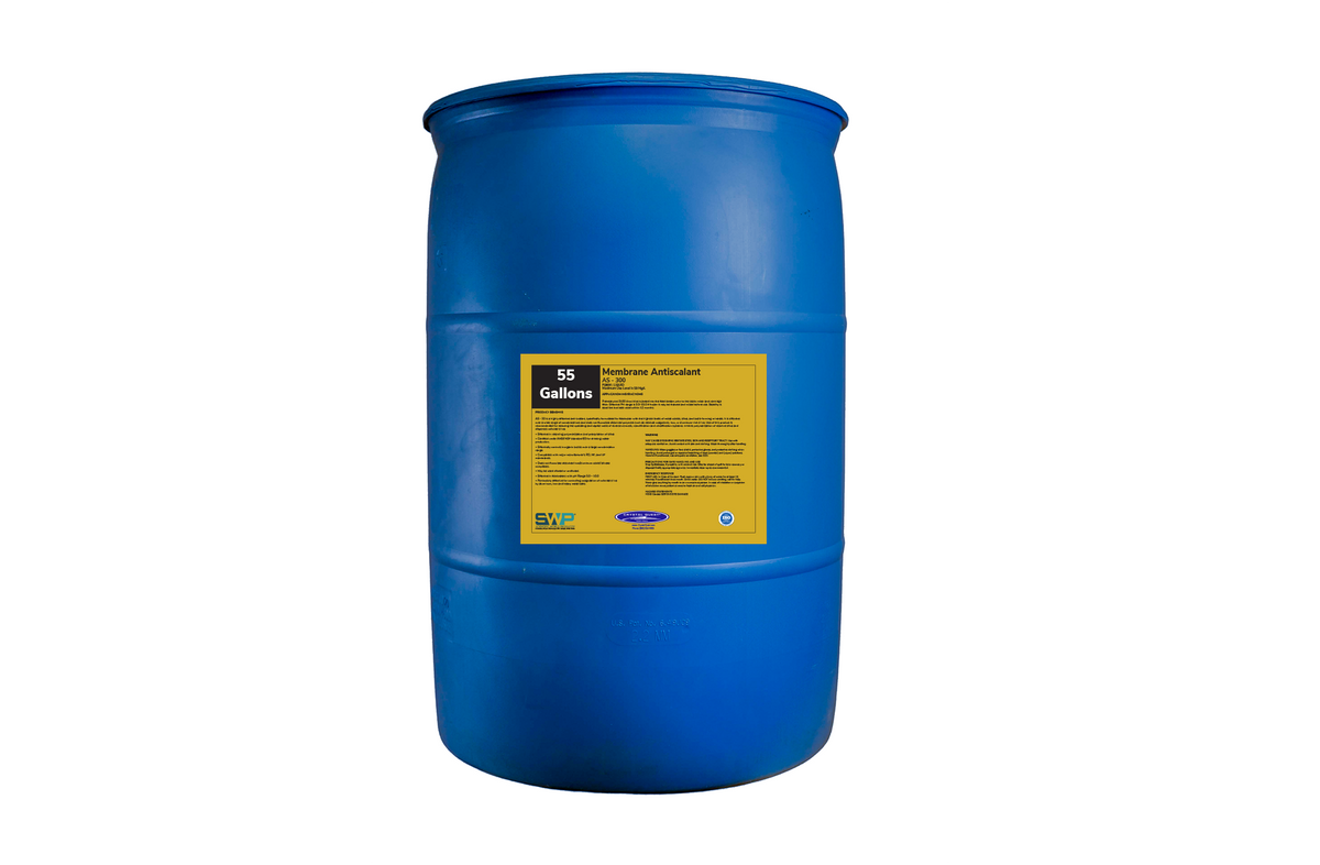 Membrane Antiscalant (Liquid), blue 55 gallon drum with yellow product label
