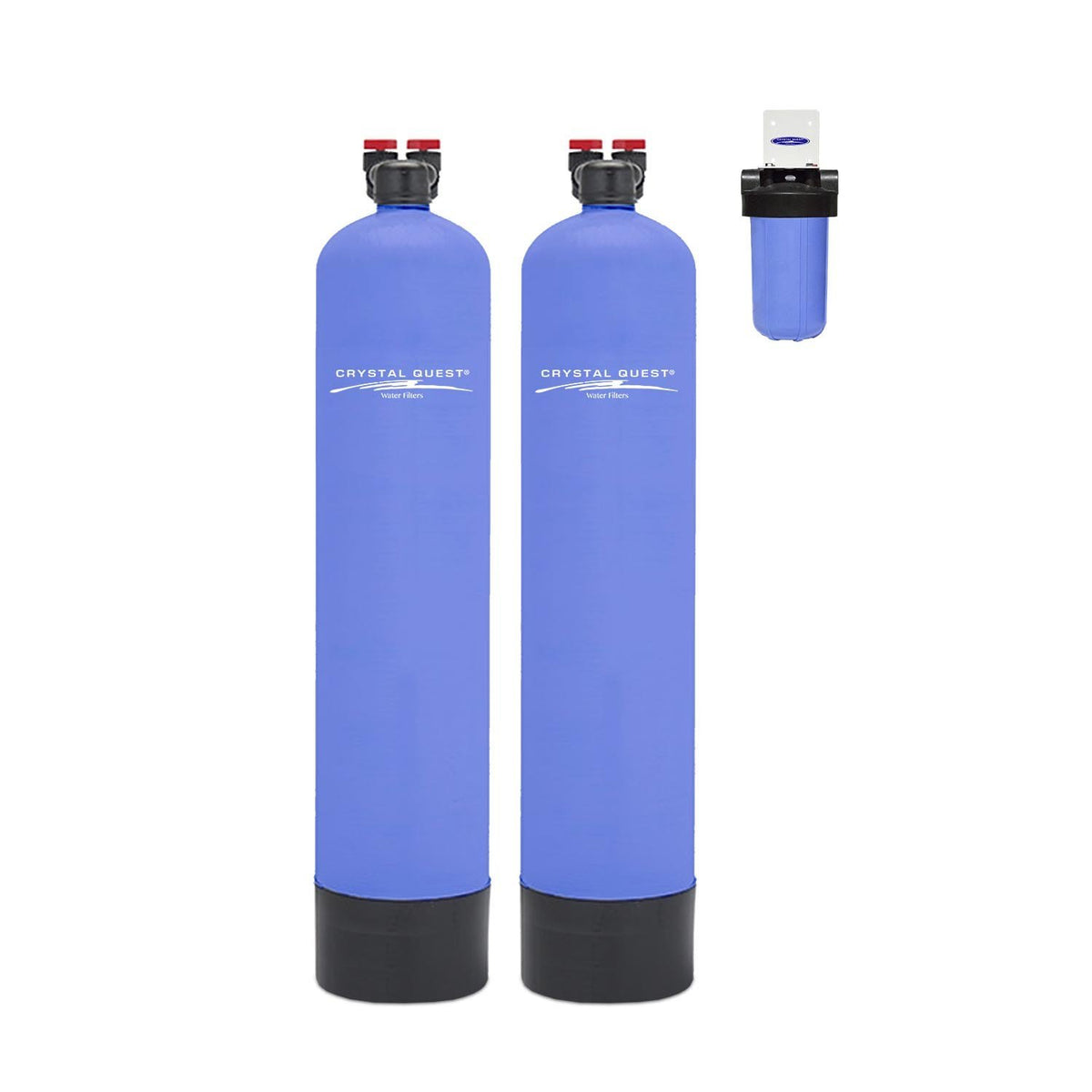 Guardian Whole House Water Filter, two blue tanks with small blue filter housing on wall bracket