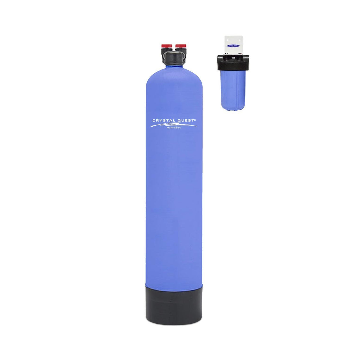 Guardian Whole House Water Filter, standalone blue tank with small blue filter housing on wall bracket