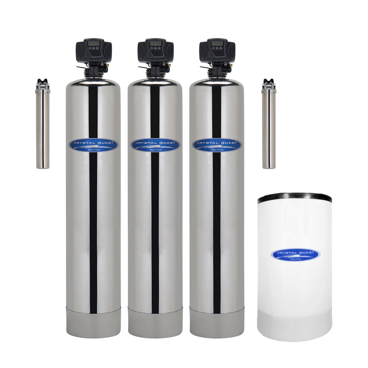 Sulfate Removal Whole House System, stainless steel, with SMART filter and softener: three tanks, brine tank, two housings