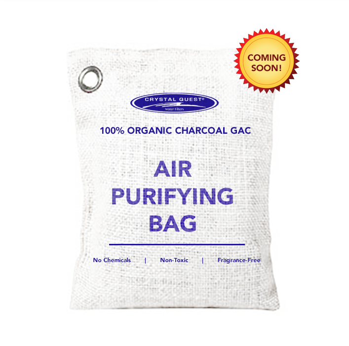 Air Purifying Bag, white fabric charcoal GAC bag with metal grommet and Crystal Quest logo