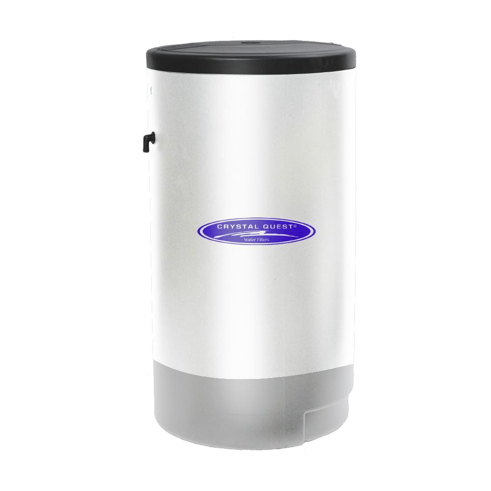 Brine Tank, white cylindrical tank with black lid, Crystal Quest logo and side fitting