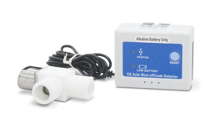 Leak Detector, white control box with blue status panel and reset button, cabled to a white tee valve