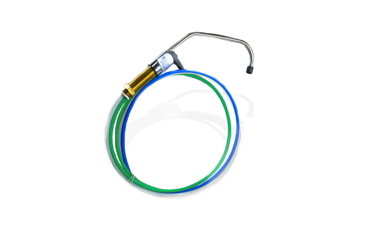 Chrome Faucet with 1/4 inch Tube, 3-way model with blue, green and clear tubing coiled below the spout