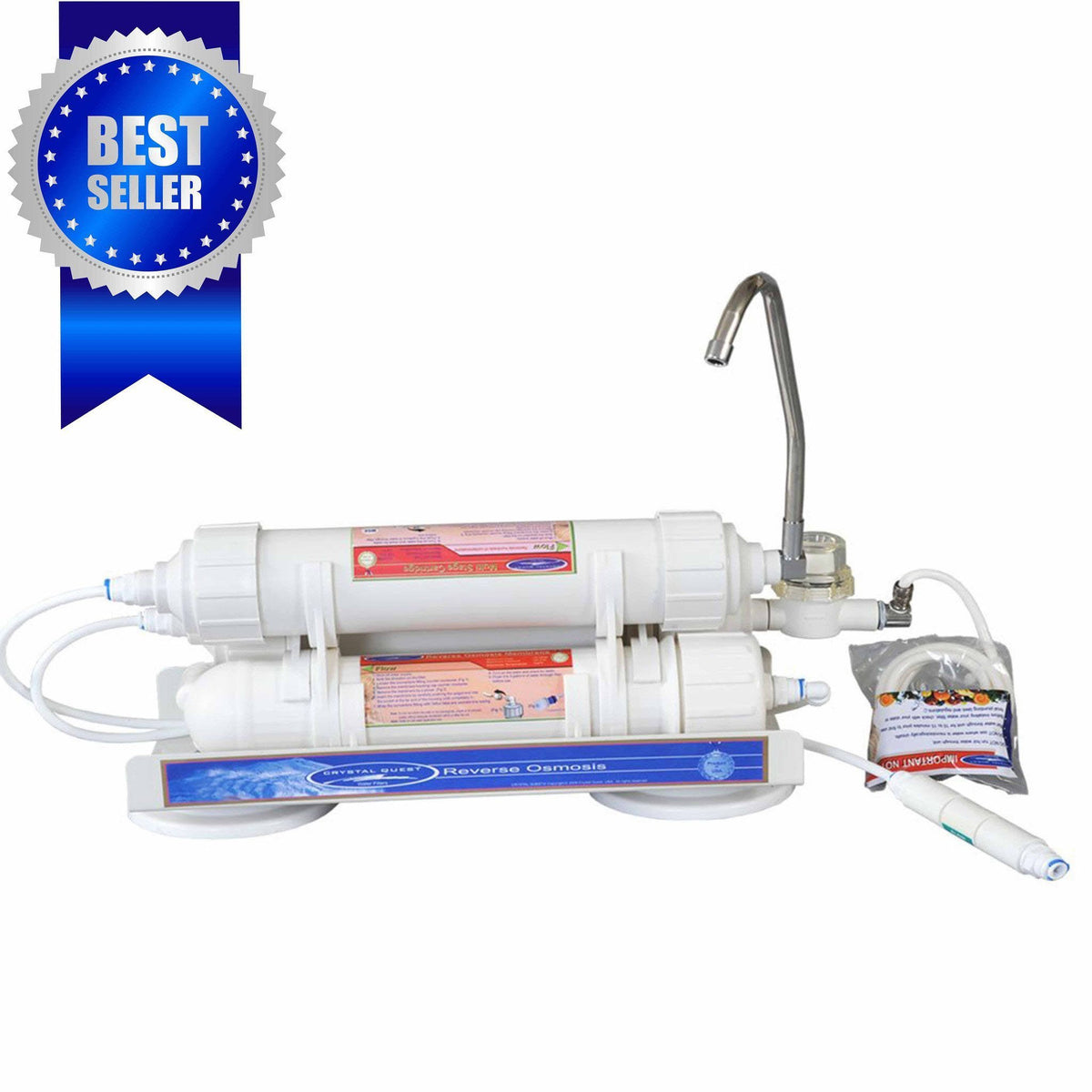Countertop Reverse Osmosis System, two white filter housings on a base with spout, tubing and faucet adapter