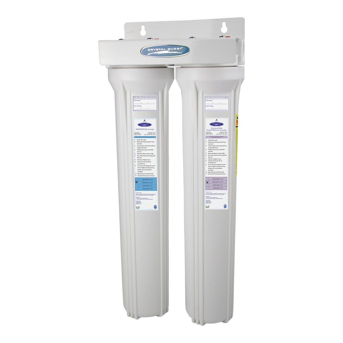 Mini Whole House Water Filter, Fluoride Removal, double white housings on wall bracket, front view