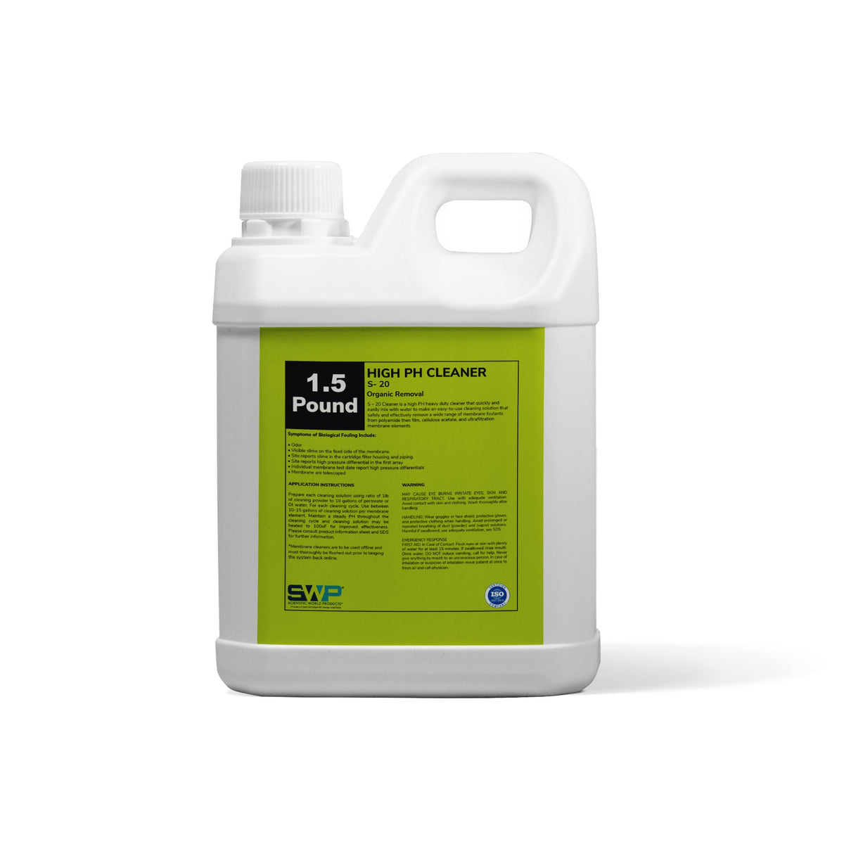High pH Membrane Cleaner (organic), 1.5 pound white jug with green product label, front view
