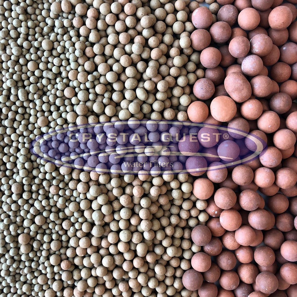 Infra-Red Balls, bulk spread of small tan beads beside larger reddish brown balls, Crystal Quest logo overlay