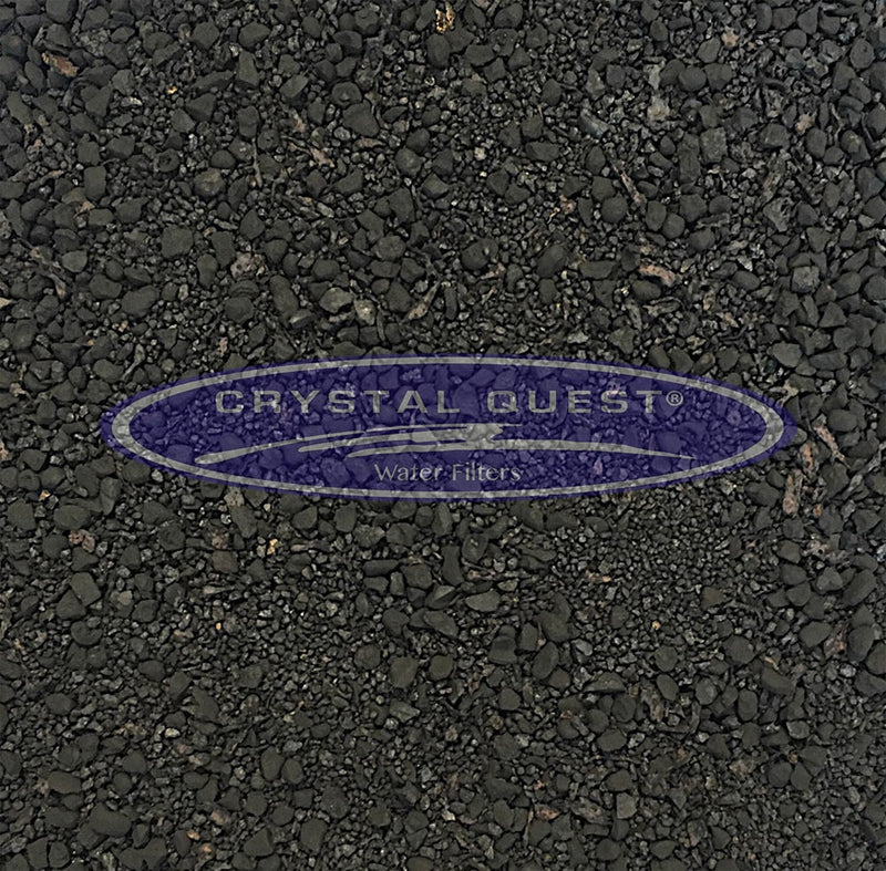 Metal Removal Media, close-up of coarse black granules, Crystal Quest logo overlay