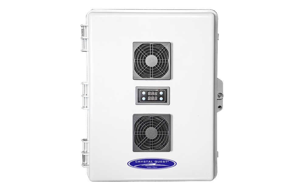 Quest Micro-Blaster Commercial Ozone System, white wall cabinet with two fans and digital timer display, front view