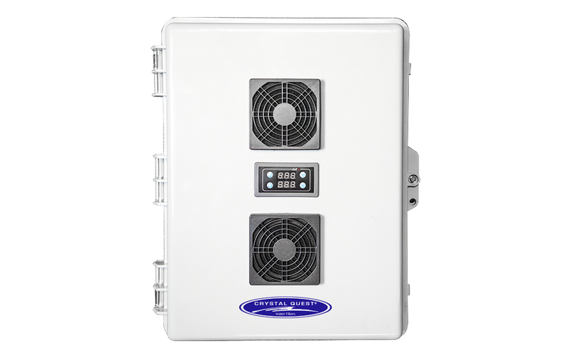 Quest Micro-Blaster Commercial Ozone System, white wall cabinet with two fans and digital timer display, front view