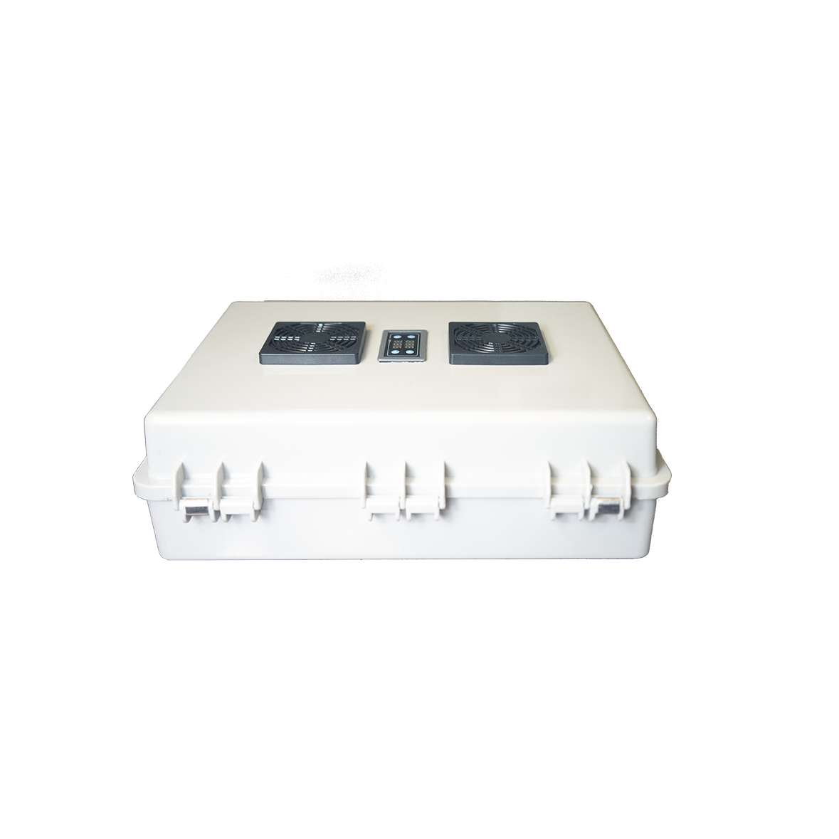 Quest Micro-Blaster Commercial Ozone System, white case with two fans and control panel on top, front latches