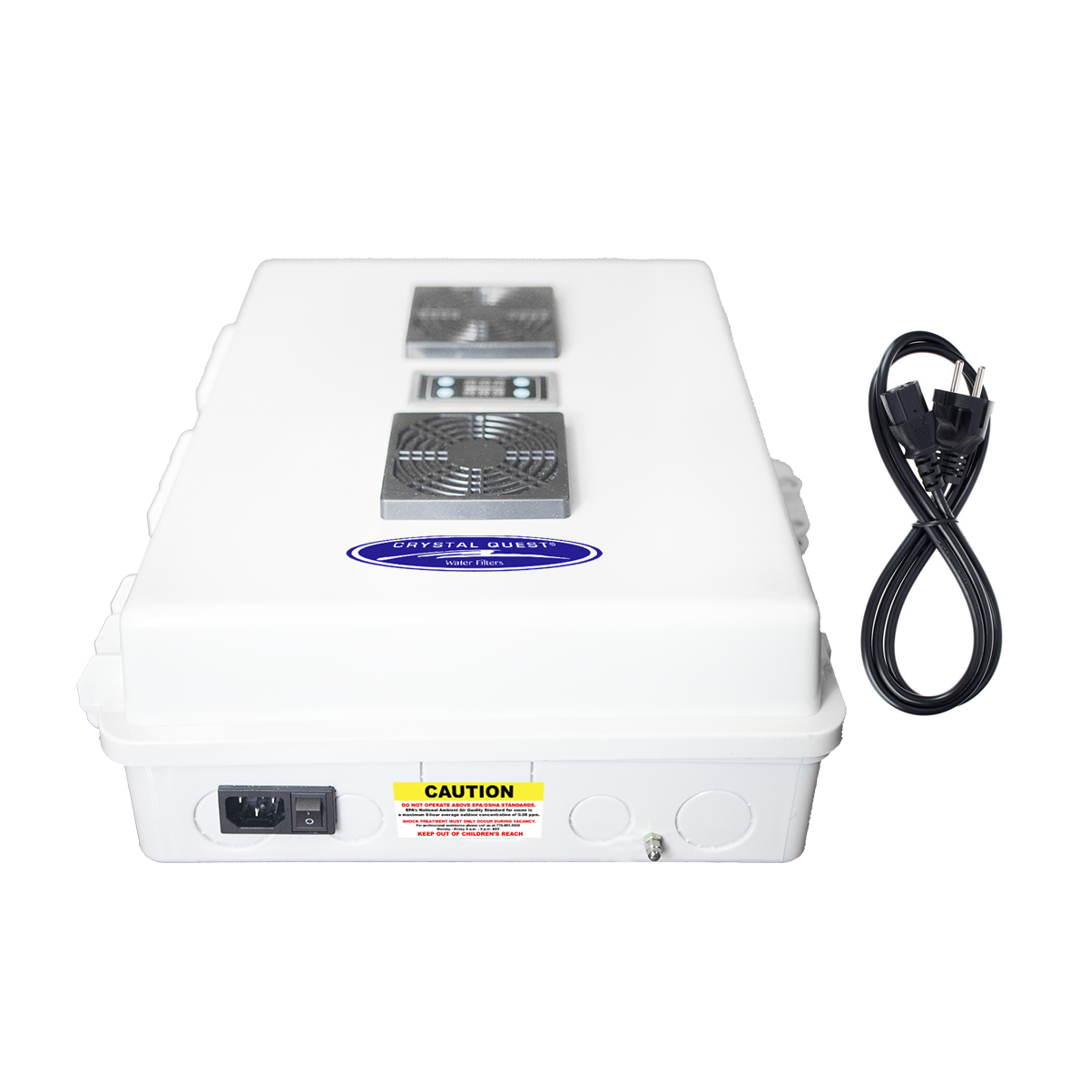 Quest Micro-Blaster Commercial Ozone System, end view with power inlet, switch and caution label, with power cord